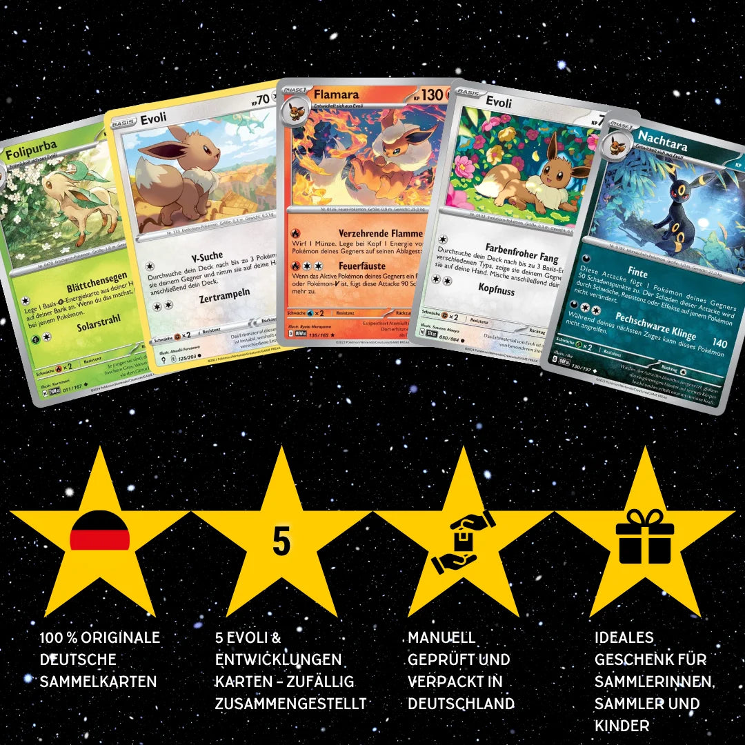 Pokémon Set de cartes Anglais – 5 cartes Evoli/Eevee & Mega-Entwicklung – Assemblage aléatoire