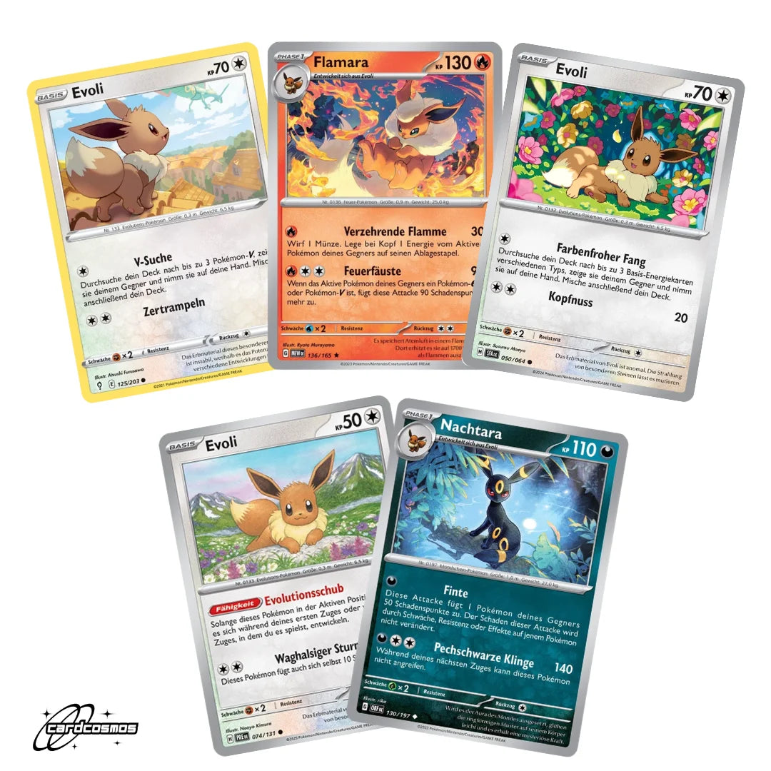Pokémon Set de cartes Anglais – 5 cartes Evoli/Eevee & Mega-Entwicklung – Assemblage aléatoire
