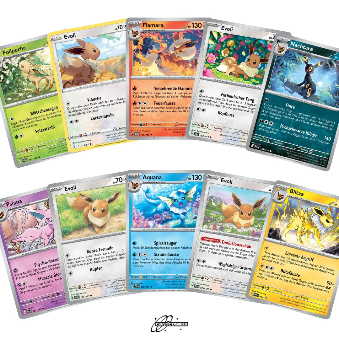 Pokémon Set de cartes Allemand – 10 cartes Evoli/Eevee & Mega-Entwicklung – Assemblage aléatoire