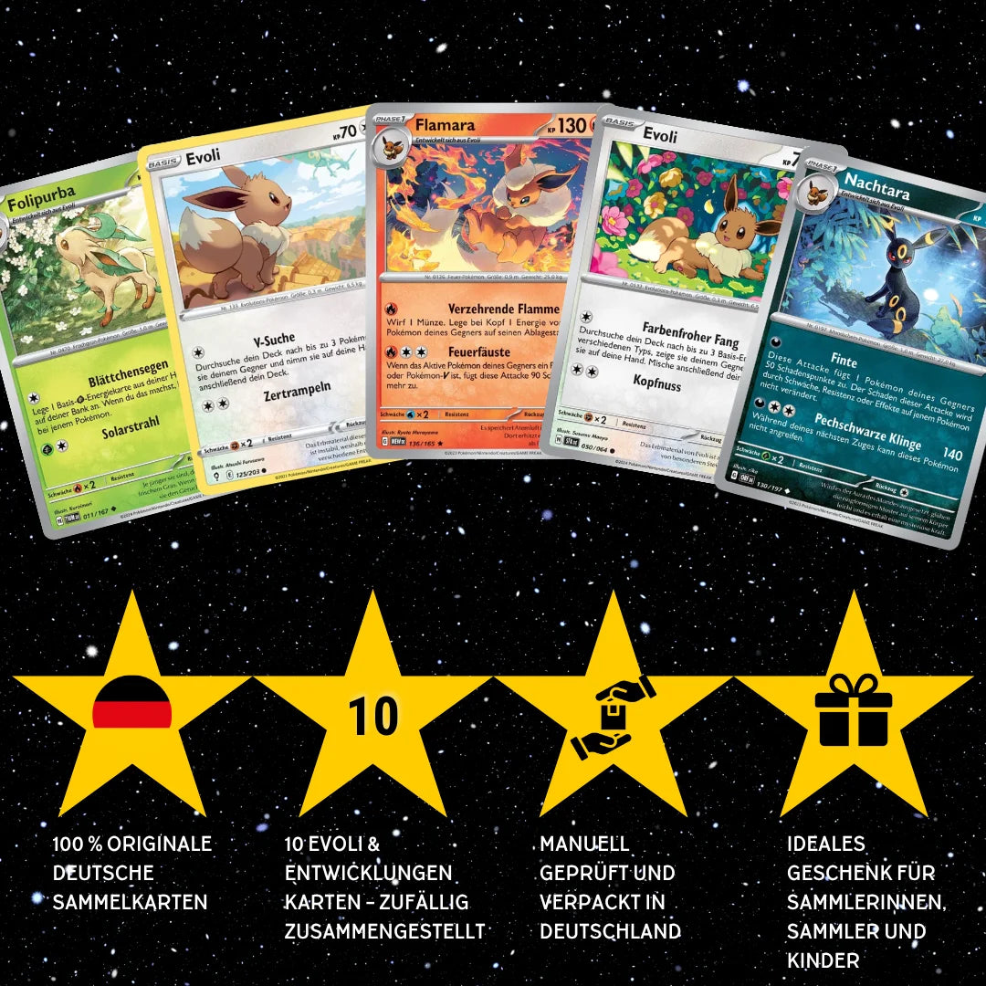 Pokémon Set de cartes Allemand – 10 cartes Evoli/Eevee & Mega-Entwicklung – Assemblage aléatoire