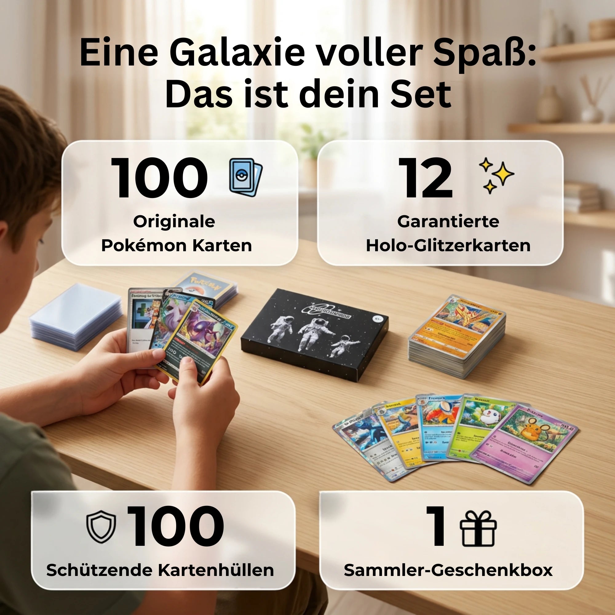 Set de cartes Pokémon Anglais – 100 cartes dont 12 Holo + 100 Protège cartes