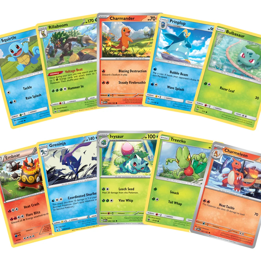 Pokémon Card Set English – 10 Starter Pokémon & Evolutions Cards – Randomly Assembled
