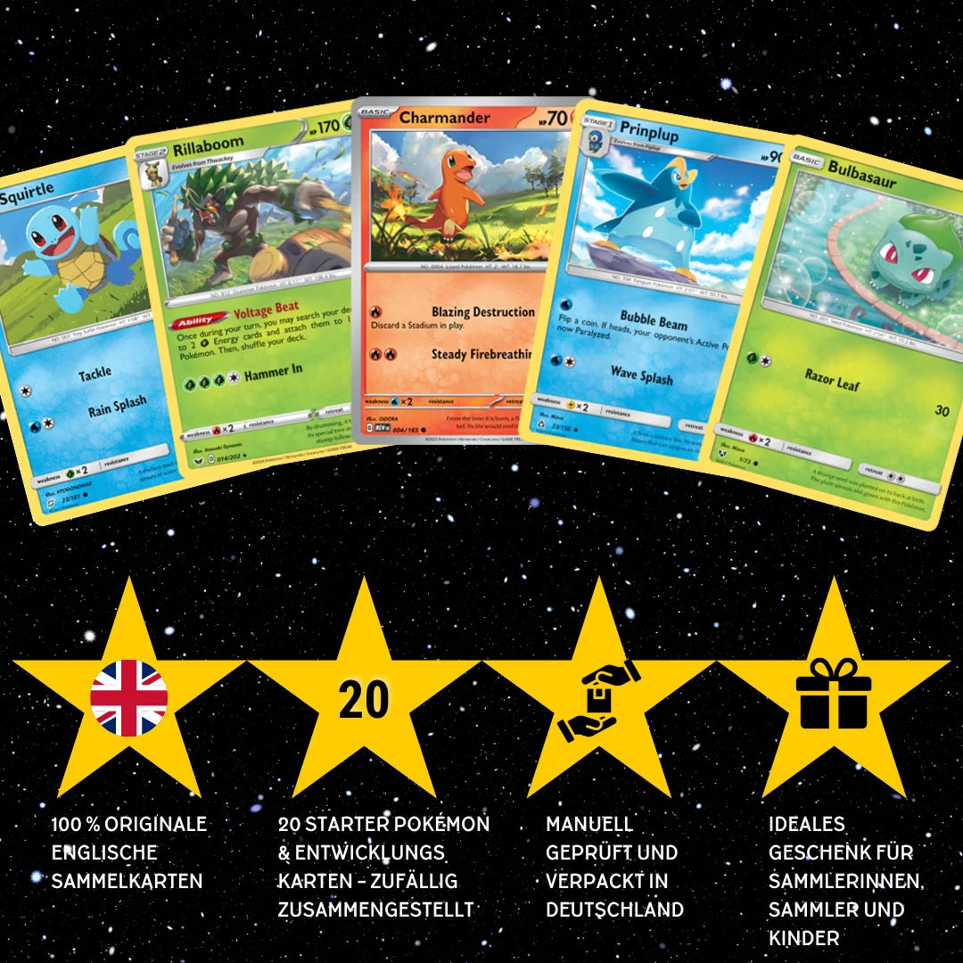 Pokémon Card Set English – 20 Cards Starter Pokémon & Evolutions – Randomly Assembled