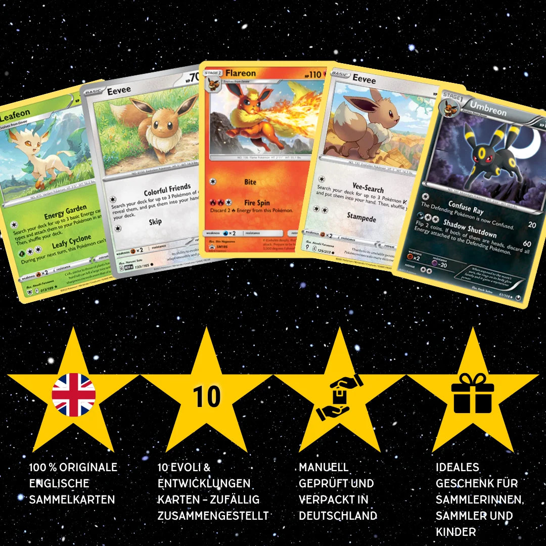 Pokémon Set de cartes Anglais – 10 cartes Evoli/Eevee & Mega-Entwicklung – Assemblage aléatoire