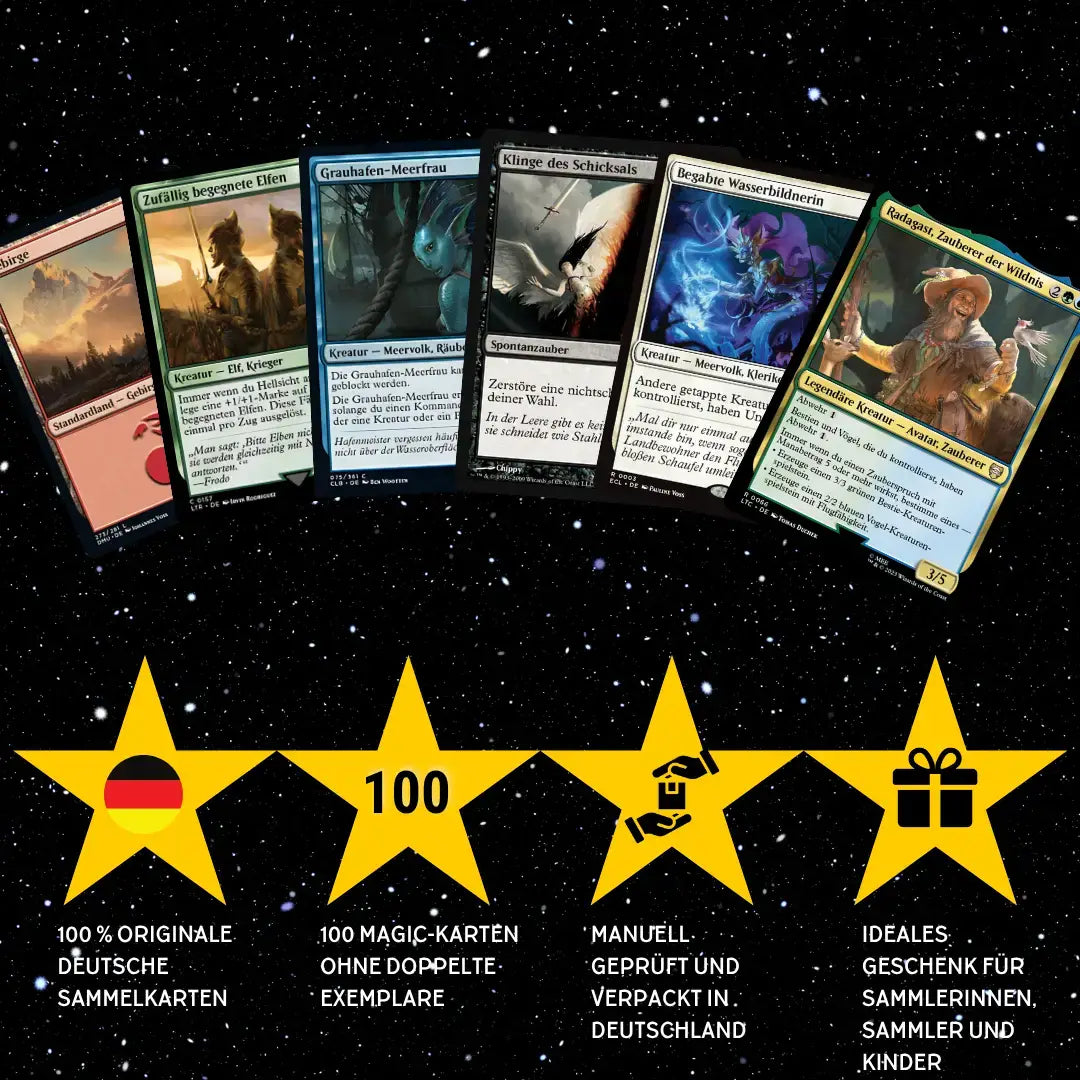 Magic: The Gathering Karten Set Deutsch – 100 Karten inkl. 8 Rares & 2 Foils + 100 Kartenhüllen