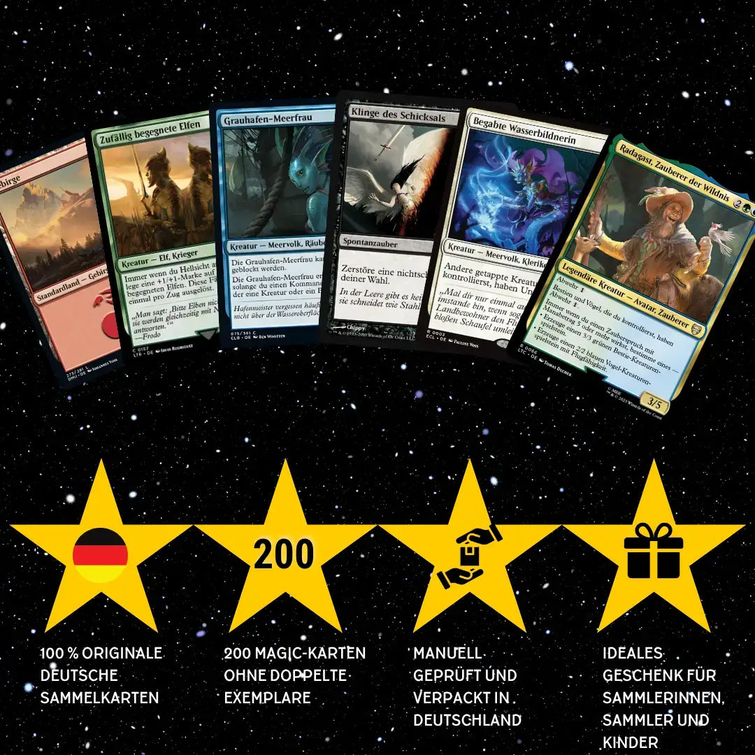 Magic: The Gathering Karten Set Deutsch – 200 Karten inkl. 16 Rares & 4 Foils + 100 Kartenhüllen