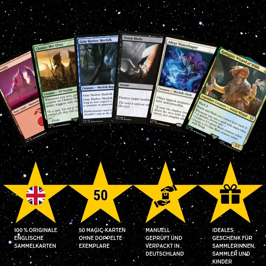 Magic: The Gathering Karten Set Englisch – 50 Karten inkl. 4 Rares & 1 Foil + 100 Kartenhüllen