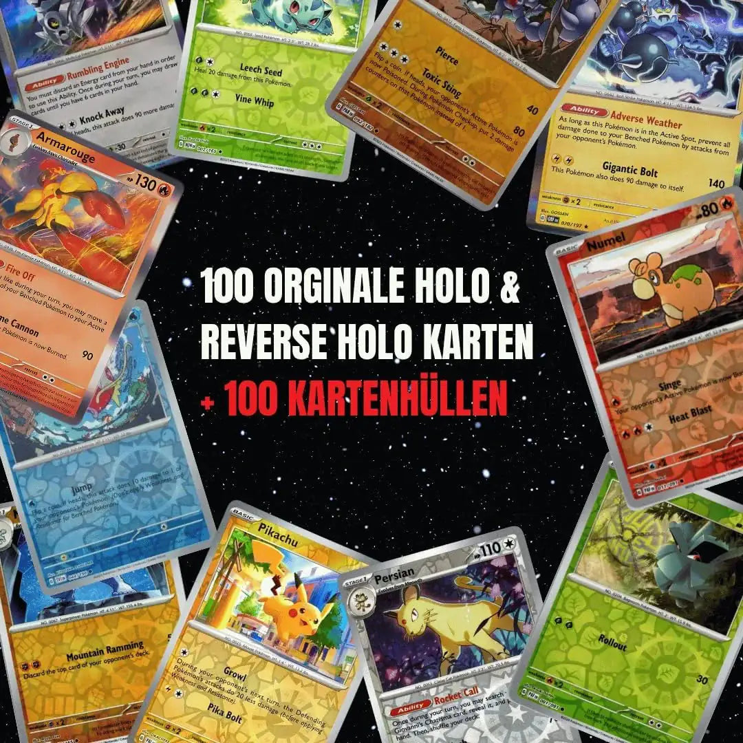 Pokémon Holo Karten Set Englisch – 100 Holo & Reverse Holo Karten + 100 Kartenhüllen