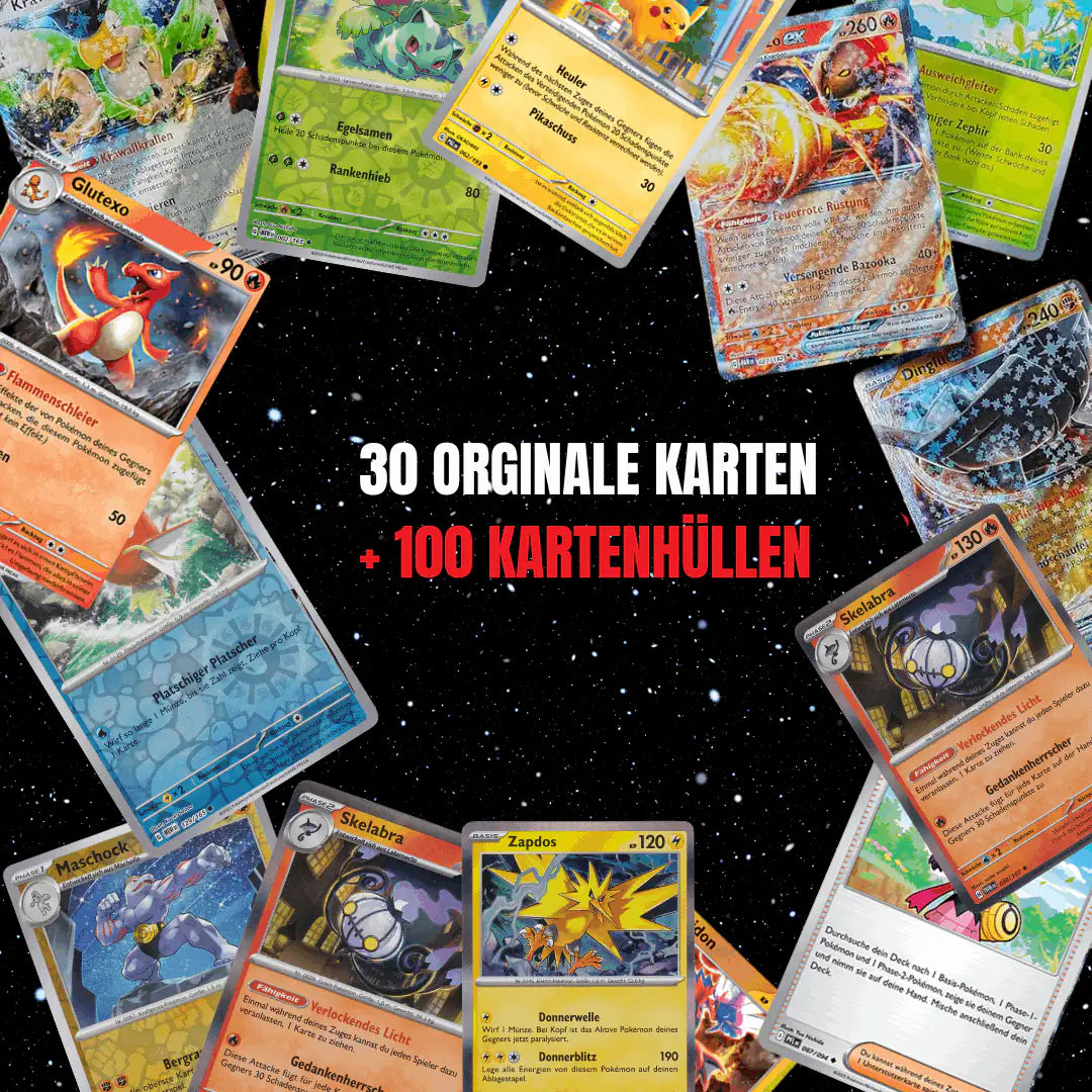 Pokémon Karten Set Deutsch – 30 Karten inkl. 4 Holo + 100 Kartenhüllen