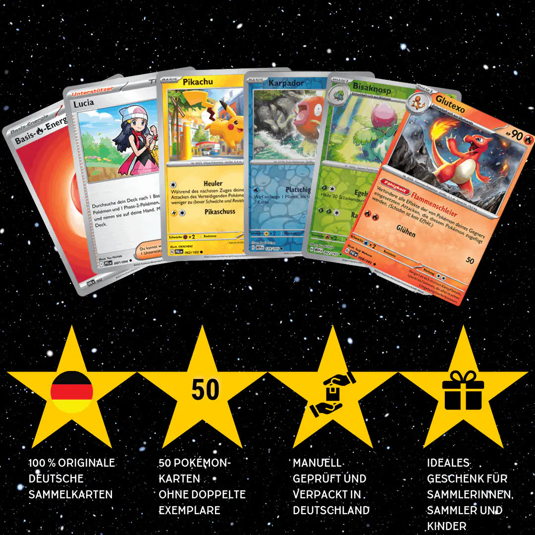 Pokémon Karten Set Deutsch – 50 Karten inkl. 6 Holo + 100 Kartenhüllen