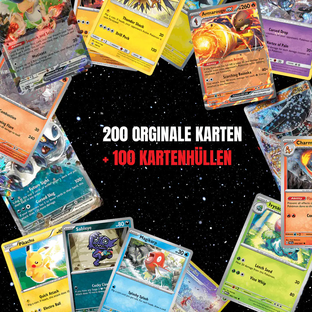 Pokémon Karten Set Englisch – 200 Karten inkl. 25 Holo + 100 Kartenhüllen