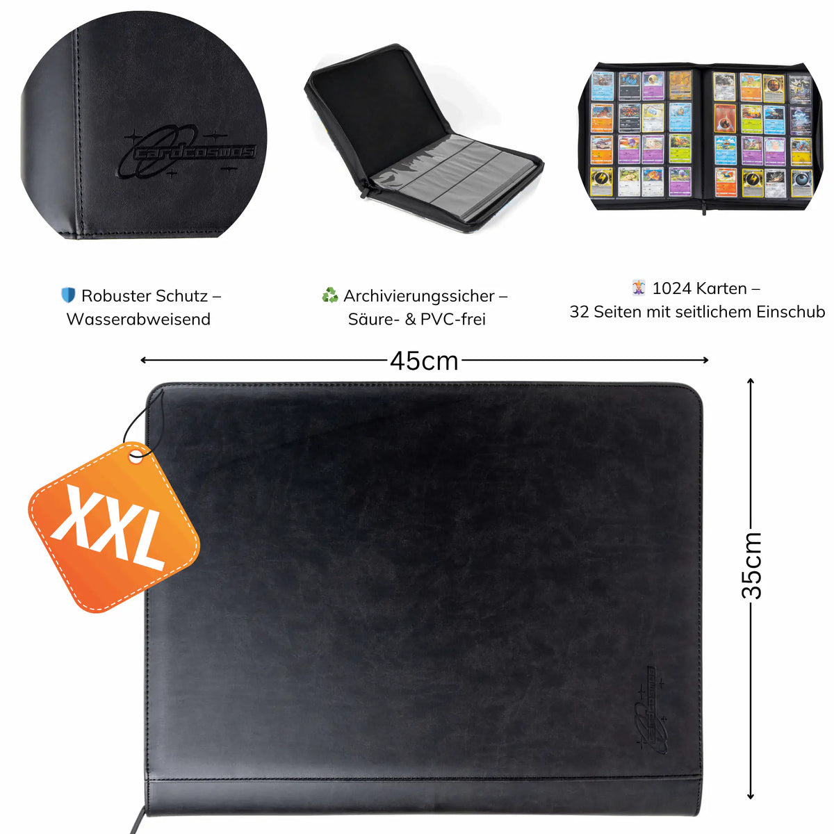 cardcosmos - 16 Pocket Zip Premium XXL Leather Binder - Schwarz
