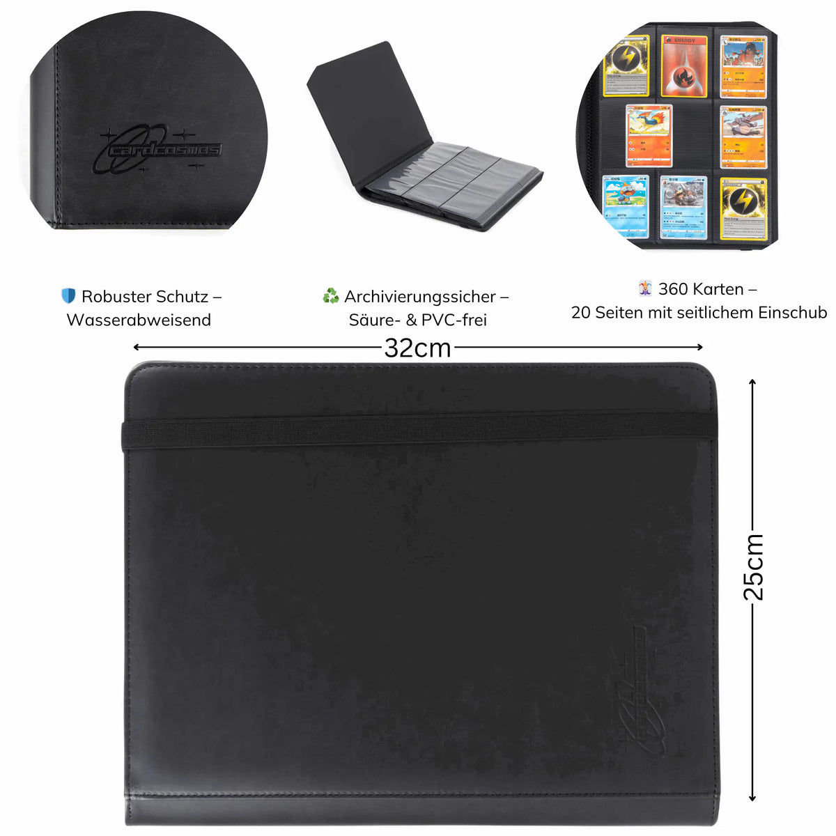 cardcosmos - 9 Pocket Strap Premium Leather Binder - Schwarz