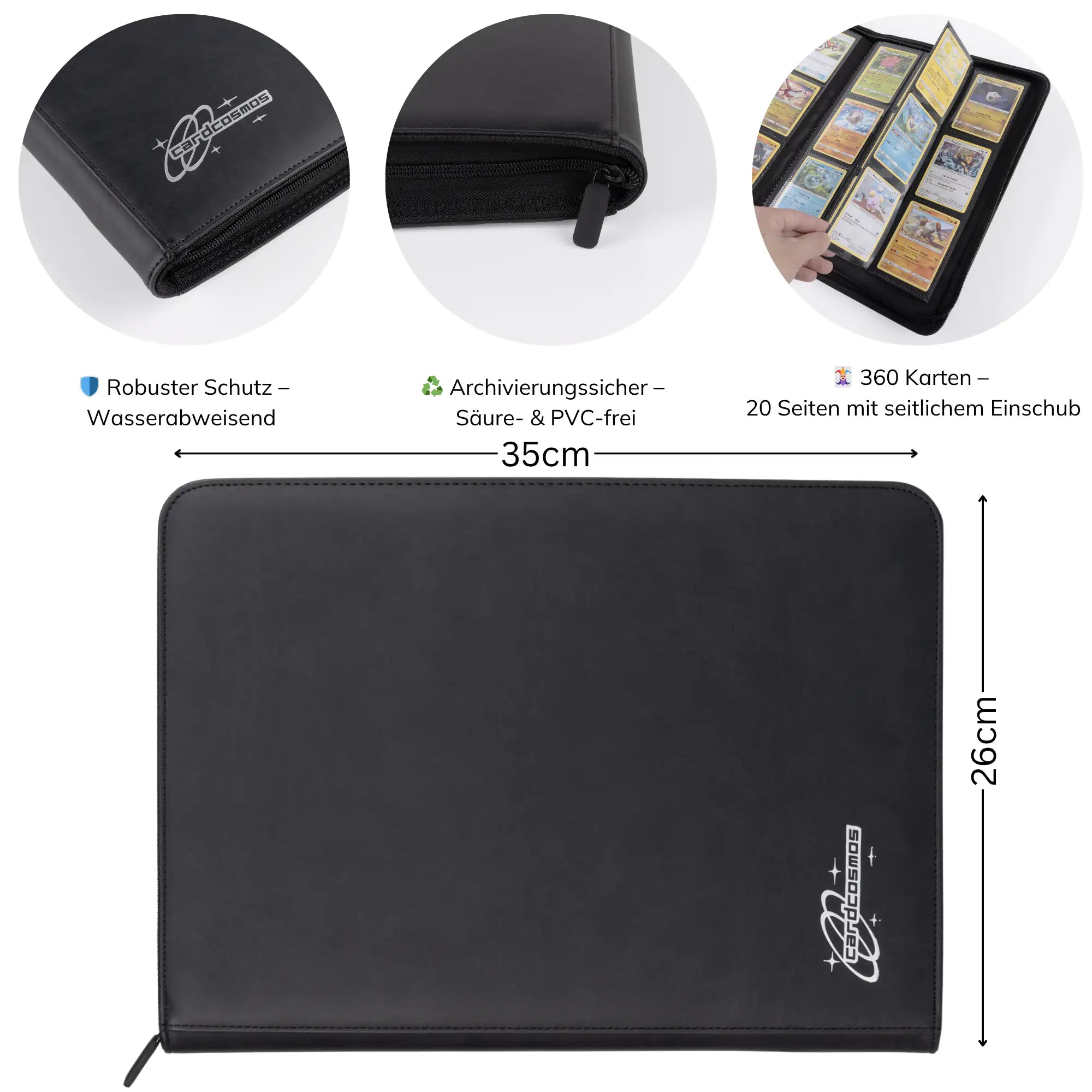 cardcosmos - 9 Pocket Zip Premium Leather Binder - Schwarz/Silber